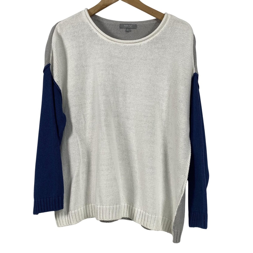 Habitat Sweater Womens Medium Colorblock White Blue Gray Pullover Knit Casual‎